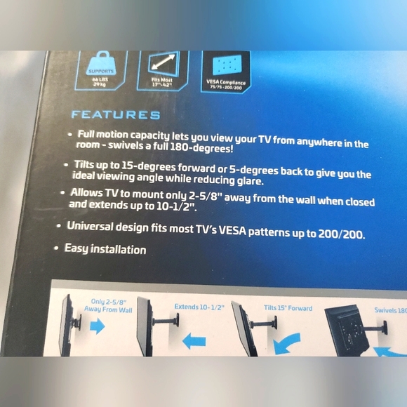 : NIB 17"- 42" Swivel / Tilt TV Wall Mount Armstrong Up to 66 lbs - Picture 5 of 12